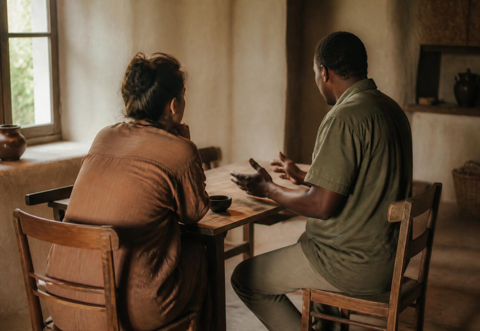 Two adults seated across a plain wooden table in daylight, one listening while the other speaks