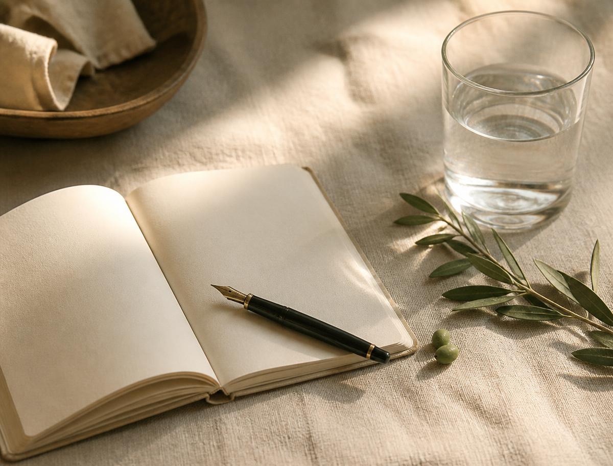An open notebook and pen on a linen table, used to note the topic before a consultation