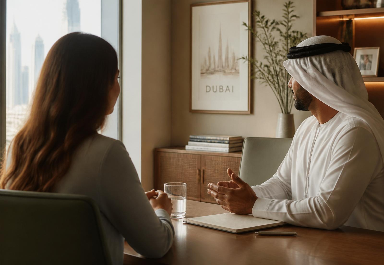 Two adults in a calm, respectful conversation in a warm Dubai consultancy office