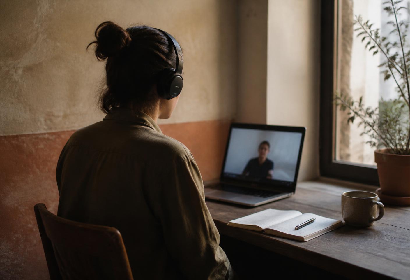 A person sitting by a window with headphones and a notebook during a private video consultation