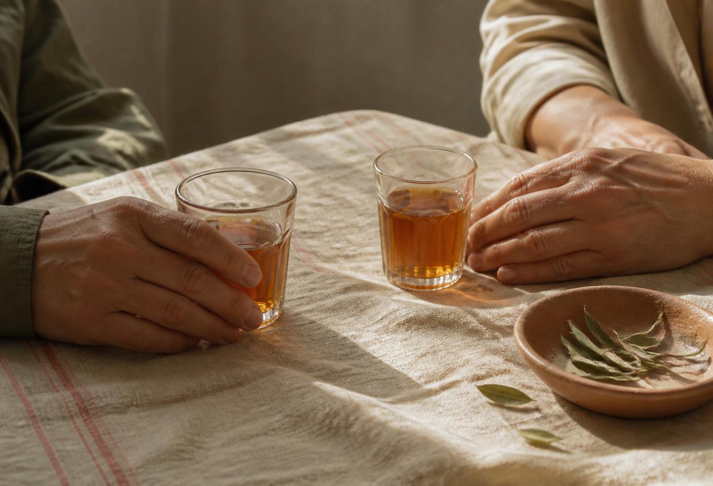 Two people's hands resting near glasses of tea on a linen tablecloth in warm daylight